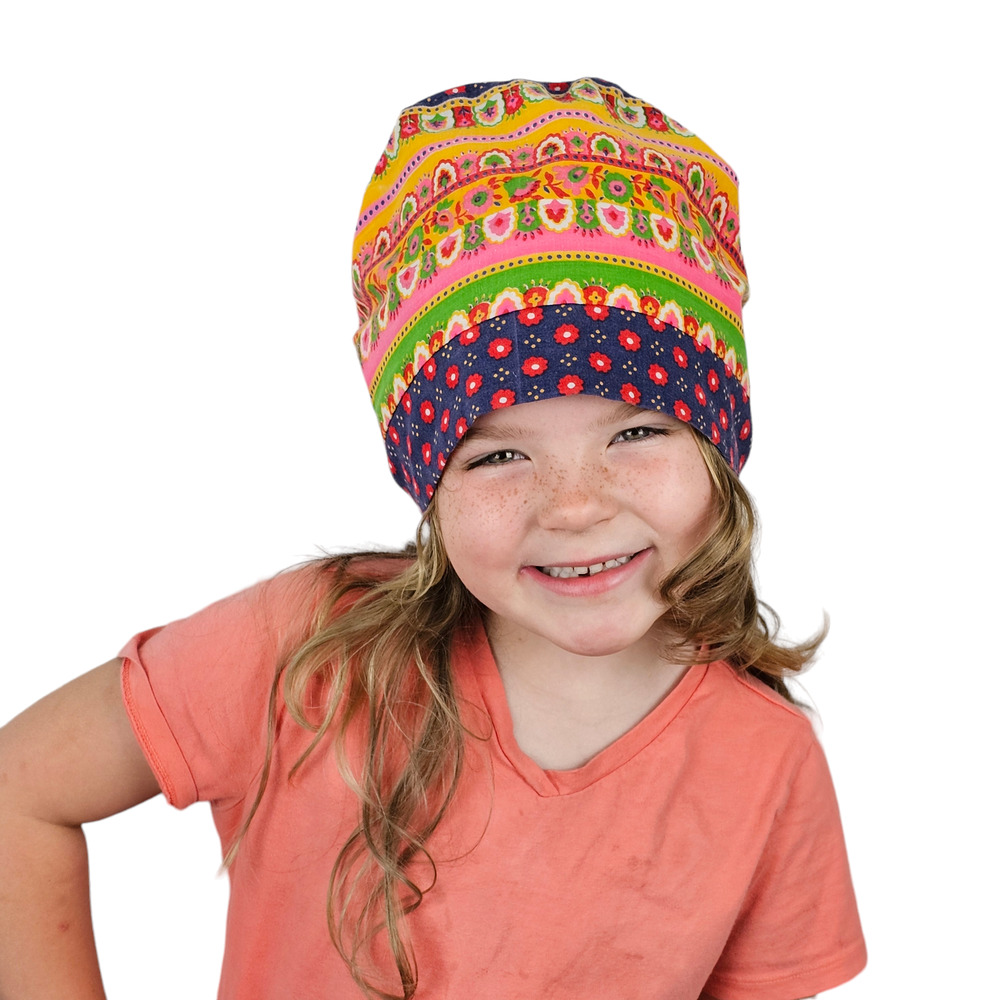 Vintage 1970s multi color multi print cotton bonnet hat head covering